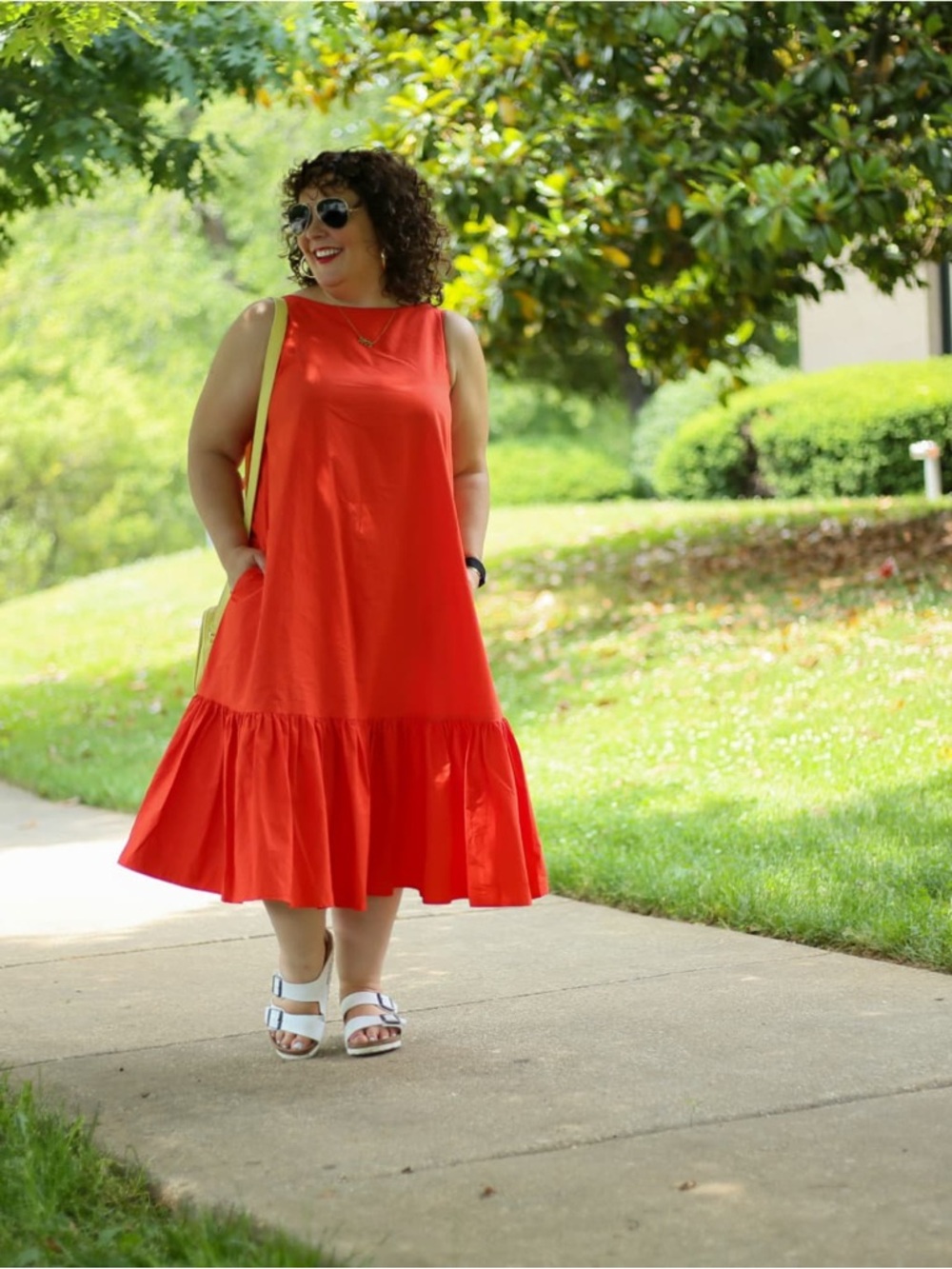 Christopher John Rogers Vibrant Orange-Red Sleeveless Ruffle-Hem Midi Dress